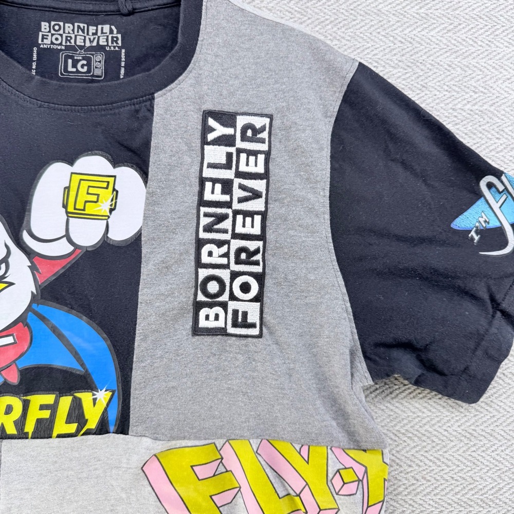 Born Fly T Shirt Large Black Grey Cotton Patchwork Graphic Superfly Streetwear